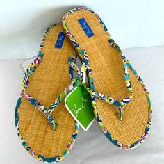 New With Tags Vera Bradley Flip Flop Sandals Limited Edition Retired Pattern Capri Blue ( Beautiful Print Yo Go With All Your Summer Wardrobe ) Perfect For Summer For Beach And Pool ... Size Large (Will Fit Size 9-10 ) *Any Questions Please Message Me !! Straw Soles Of Flip Flops Perfect For Beach, Pool -Summertime Never Worn Great To Add To Your Vera Bradley Collection.. Please See All Pictures For Details And Measurements .. Any Questions Please Message Me I Ship Fast!! Green Sandals With Woven Sole For Beach, Yellow Fun Slip-on Sandals, Casual Blue Flip Flops For Summer, Green Flip Flops For Beach Spring Season, Fun Vacation Sandals For Spring, Fun Spring Vacation Sandals, Comfortable Yellow Flip Flops For Beach, Casual Blue Sandals With Woven Sole, Adjustable Tropical Sandals For Spring