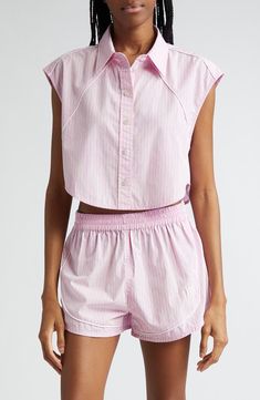 Cropped Button Up Shirt, Square Logo, Cropped Shirt, Track Shorts, Crop Shirt, Pink Stripes, Striped Shorts, Striped Shirt, Alexander Wang