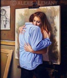 a painting of a woman hugging a man