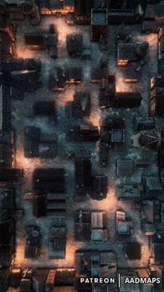 an aerial view of a city with lots of buildings and fire in the middle of it