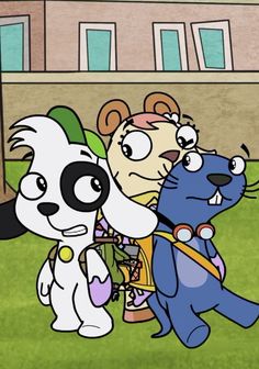 cartoon characters in front of a building with trees and grass, one dog is holding the other