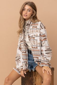 Western Shacket, Western Jacket, Bohemian Print, Romper Dress, Aztec Print, China Fashion, Western Shirts, Outerwear Coats, Sheer Fabrics