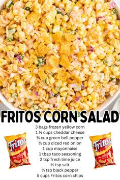 a bowl filled with corn salad next to two bags of chips