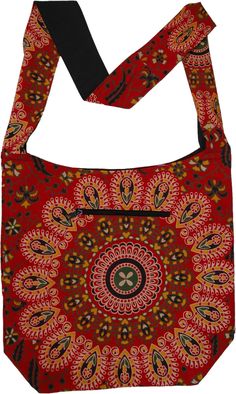 A red beautiful ethnic mandala printed bohemian cotton shoulder bag with yellow and black flora - an attractive and colorful bag on your shoulder with all the things you need when you are out and traveling, including a pocket for a cell phone on the front of the bag. The shoulder strap is long enough that can be comfortably worn across the shoulder or cross-body. #tlb #Yoga #vacationclothing #beachwrap #bohemianfashion #Handmade #printedbodybag #yogabag #shoulderbag Bohemian Red Cotton Bags, Red Bohemian Cotton Bags, Bohemian Cotton Bags With Pockets, Bohemian Cotton Bag With Pockets, Red Bohemian Cotton Shoulder Bag, Red Cotton Shoulder Bag With Adjustable Strap, Red Shoulder Bag For Daily Use And Festivals, Bohemian Red Shoulder Bag For Festivals, Red Bohemian Shoulder Bag For Daily Use