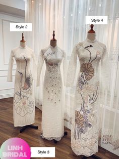 Beautiful traditional Vietnamese Ao Dai made to fit your measurements! Choose between 4 styles: - Style 1 is in white with white lace patterns - Style 2, 3, 4 has colored & white patterns - Price include pants for the bride's Ao dai The dress will need 2-3 weeks to be made. Please send us your body measurements (see last image) after payment. For peace of mind, photos of your dress before shipment can also be sent. Faster shipping available as an upgrade at checkout. Note: Plus sizes (US 12 Luxury Ao Dai For Spring Evenings, White Embroidered Dress For Ceremony, Elegant Fitted White Embroidered Fabric, Embroidered White Lace For Ceremony, Elegant Embroidered White Lace, Traditional Ao Dai With Floral Embroidery For Wedding, Elegant Wedding Dress For Traditional Ceremonies, Traditional White Ao Dai For Party, Traditional White Ao Dai For Wedding