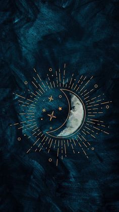 the moon and stars are painted in gold on a dark blue background with black spots