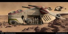 an artist's rendering of a star wars vehicle in the desert with other vehicles nearby