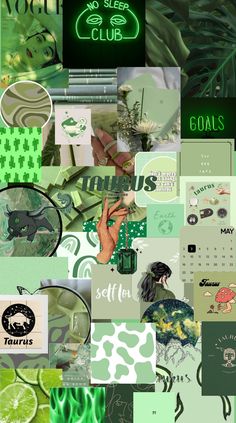 a collage of green and white images with the words no sleep club on them