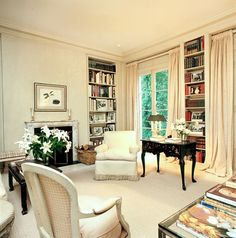 a living room filled with lots of furniture and bookshelves next to a fire place