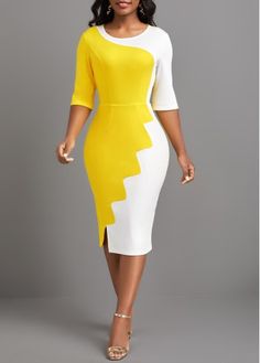 Size:S;Size:M;Size:L;Size:XL;Size:XXL;Color:Yellow;Package Contents:1 X Dress;Occasion:Sport; Yellow Easter Dress, Elegant Bodycon Dress, Fashion Dresses Online, Moda Paris, Bodycon Dress With Sleeves, Work Skirts, Classy Dress Outfits, Neck Bodycon Dress, Career Dress