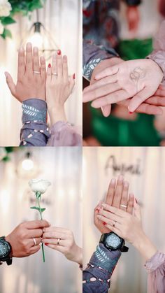 four different pictures of hands holding a flower and touching each other's fingers with their fingertipss