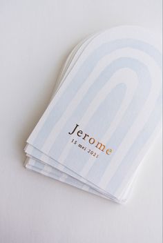 three paper napkins with the name jerome on them sitting next to each other