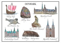 a drawing of different things that are in front of a white background with the words denmark on it