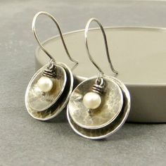 Disc Earrings Freshwater Pearl  Sterling Silver by adorned7, $34.00 Nickel-free Metal Pearl Earrings, Nickel Free Metal Pearl Earrings, Round Pearl Earrings For Anniversary, Anniversary Pearl Earrings Metal Round, Handmade Round Metal Pearl Earrings, Green Pearl Earrings, Bijoux Fil Aluminium, Duluth Mn, Earrings Wire