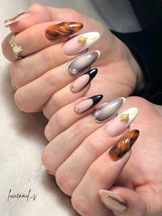 Long Almond Autumn Nails, Aura Nails Fall Colors, Fall Stellio Nails, Autumn 3d Nails, 3d Autumn Nails, Flame Nail Art, October Nails, Airbrush Nails, Goth Nails