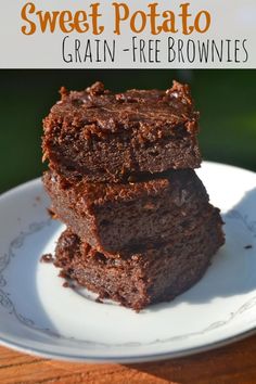 three brownies stacked on top of each other in front of the words, sweet potato grain - free brownies