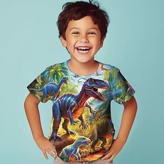 Season:Summer,Spring; Fabric:Polyester; Sleeve Length:Short Sleeve; Look After Me:Machine wash; Gender:Boys; Style:Active,Designer,Sports,Fashion,Streetwear,Cool; Elasticity:Micro-elastic; Occasion:Outdoor,Daily,Casual; Kids Apparel:Tee,T shirt; Age Group:Kids; Fit Type:Regular Fit; Pattern:Dinosaur,Animal,Graphic; Design:Crewneck; Age:3-12 Years; Listing Date:07/28/2023; Bust:; Length:; Neck:; Sleeve:; Print Type:3D Print Summer Dinosaur Print Short Sleeve Tops, Blue Dinosaur Print Short Sleeve T-shirt, Fun Summer T-shirt With Dinosaur Print, Green Dinosaur Print T-shirt For Summer, Green Dinosaur Print Summer T-shirt, Fun Short Sleeve Dinosaur Print T-shirt, Oktoberfest Outfits, Tuxedo Shirt Men, Womens Basic Tops