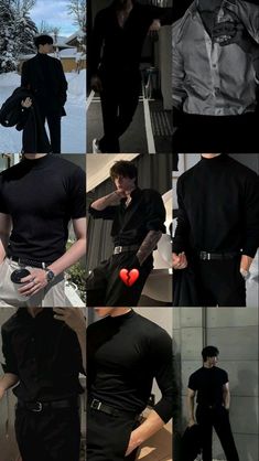 many different pictures of men in black clothing and one is wearing a red heart on his chest