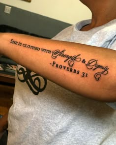 101 Best Bible Verse Tattoo Ideas You'll Have To See To Believe! - Outsons Script Tattoos For Women Arm, Bible Script Tattoos For Women, Confidence Symbol Tattoos For Women, Proverbs 3 5 6 Tattoo Arm, Leg Tattoos Women Bible Verse, Scripture Tattoos Black Women Forearm, Big Word Tattoos On Arm, Bible Verse Tattoo Ideas Female, Bible Scripture Tattoos For Women Arm