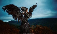 a woman with large black feathers on her head and wings spread out, standing in front of mountains