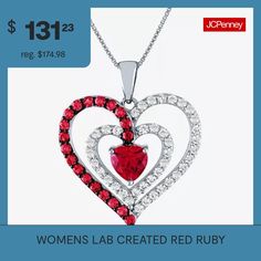 Features: Quick ShipJewelry Closure: Spring Ring ClaspShape: HeartStone Cut: HeartStone Millimeter Measurement: 6 Mm Width, 6 Mm LengthMetal Color: WhiteChain Length: 18 InchPendant Length: 25mmPendant Width: 22.7mmChain Construction: BoxCare: Wipe CleanStone Type: 20 Lab Created Ruby, 40 Lab Created SapphireAuthenticity: Lab Created StoneBirthstone: July BirthstoneMetal: Sterling SilverNecklace Type: Pendant NecklacesCountry of Origin: Imported Valentine's Day Heart-cut Heart Beads Jewelry, Heart-shaped Gemstone Jewelry For Valentine's Day, Red Heart-cut Jewelry For Anniversary, Red Heart Cut Jewelry For Anniversary, Valentine's Day Heart-shaped Gemstone Jewelry, Red Heart Pendant Jewelry For Mother's Day, Mother's Day Red Heart-cut Necklace, Mother's Day Red Heart Cut Necklace, Double Heart Ruby Jewelry Gift