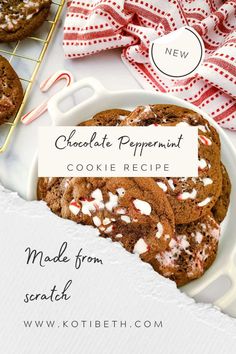 chocolate peppermint cookie recipe made from scratch on a white plate with candy canes