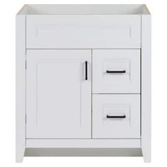 a white bathroom vanity with two drawers and one door on the left side, in front of a white background