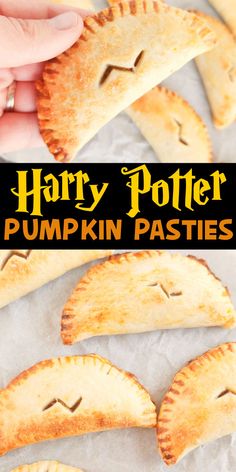 harry potter pumpkin pasties on parchment paper with text overlay that reads, harry potter pumpkin pasties