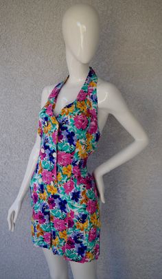 Stay cool in this fresh flower Romper. Halter neck, open back, white buttons. Size: 6/7    Made in U.S.A Waist Width: 14.5" Crochet Farm Animals, Flower Romper, Combi Short, Womens Jumpsuits, Fresh Flower, Stay Cool, Pet Hair, Fresh Flowers, Hand Crochet