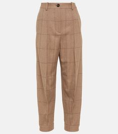 Aniston high-rise tapered cashmere pants | Loro Piana High-waisted Wool Pants In Brown, High-waisted Brown Wool Pants, Brown Wool High-waisted Pants, Wool Tapered Leg Office Bottoms, Office Wool Tapered Leg Bottoms, Luxury Brown Workwear Bottoms, Wool Pants With Pockets Straight Hem, Elegant Tailored Pants With Patch Pockets, Luxury Brown Bottoms For Workwear