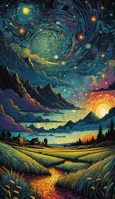 a painting of the night sky with stars and clouds over a river in front of mountains