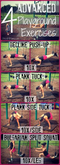 a woman doing push ups on a bench with the words advanced playground exercises below it