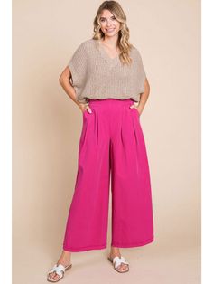 Experience comfort and style with these 100% cotton solid-colored wide leg pants. A back stretch band and front inverted pleats provide a perfect fit, while the cuffed hemline and side pockets add both flair and functionality. Cropped Pants Outfit, Pink Trousers, Back Stretches, Ageless Style, Stretch Band, Stretch Bands, Pants Outfit, In Hot, Cropped Pants