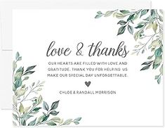 wedding thank card with leaves and hearts