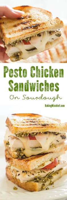 two sandwiches stacked on top of each other with the words pesto chicken sandwiches on it