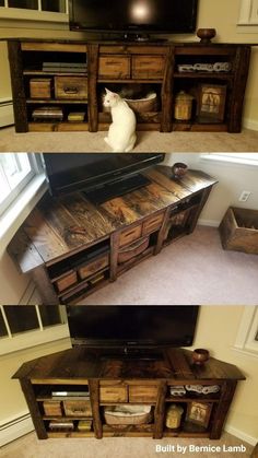 an old tv stand is turned into a entertainment center with drawers, and the cat sits on top of it