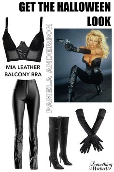 a woman in black clothes and boots with text that reads, get the halloween look mia leather balcony bra