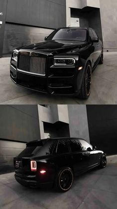 the front and back view of a black rolls royce parked in front of a building