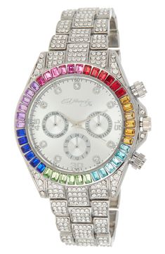 Show off this bejeweled chronograph watch featuring a colorful crystal bezel, mini crystal indexes and a pavé crystal bracelet strap for glamorous sparkle. 40mm x 47.5mm case; 20mm band width Fold-over clasp Quartz movement Day, date and hour subdials Metal/glass Imported Silver Watches, Fav Products, Colorful Crystals, Teal Hair, Ladies Watches, Quotes About Photography, Crystal Watches, Old Computers, Girly Accessories