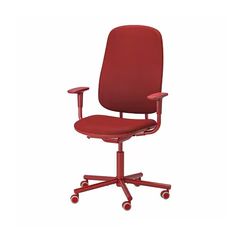 a red office chair with wheels on an isolated white background, viewed from the front