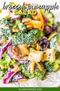 broccoli pineapple salad is shown on a white plate with the words, broccoli pineapple salad play