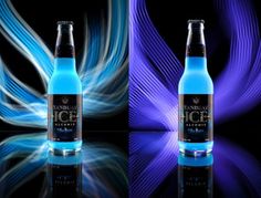 two bottles of ice water on a black and blue background