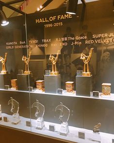 several trophies are on display in a glass case with the names of each award winners