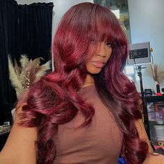 Product Details Brand Name Geeta Hair Hair Material 100% Human Hair From One Donor Model Length 28Inch 250% Density Texture Body Wave Bangs Wig Hair Color 99j Burgundy Density 150%/180%/250% Wig Lengths 18-30 Inch Available Lasting For One More Year Lace Size 13x4/7x5 Lace Lace Type HD Transparent Swiss Lace Hairline Lightly Pre-plucked Natural Hairline Cap Size Average Size (Head Circumference 21.5-22.5 Inch)ATTENTION:If you need a smaller or bigger cap, please contact us or leave a note with y Lace Front Wigs Body Wave, Red Hair With Bangs, Red Bangs, Body Wave Wigs, Wigs Body Wave, Red Wigs, Burgundy Hair, Colored Wigs, Burgundy Lace