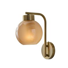 a wall light with a glass ball on the arm and an adjustable arm, against a white background