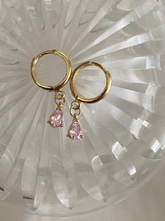 Cheap Pink Casual Earrings, Dangly Hoop Earring, Cheap Pink Huggie Earrings Gift, Cheap Small Pink Hoop Earrings, Pink Dangly Earrings, Cheap Pink Small Hoop Earrings, Dainty Drop Earrings, Trendy Teardrop Huggie Earrings Gift, Gold Teardrop Huggie Earrings With Dangling Charms