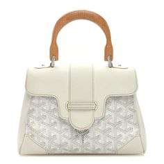 This is an authentic GOYARD Goyardine Mini Saigon in White. This stylish shoulder bag is crafted of white goyardine coated canvas with the classic Goyard chevron design. The bag features a wooden handle, a leather shoulder strap and white leather trim. The cross-over leather top flap opens to a yellow leather interior with a flat pocket. Formal White Coated Canvas Shoulder Bag, White Leather Shoulder Bag With Bamboo Handle, White Monogram Canvas Shoulder Bag With Top Carry Handle, White Monogram Canvas Satchel Shoulder Bag, White Top Handle Bag With Bamboo Details, White Shoulder Bag With Bamboo Double Handle, Stylish Shoulder Bag, Chevron Design, White Coat