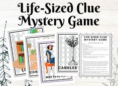 the life - sized clue mystery game is on display in front of a wooden table