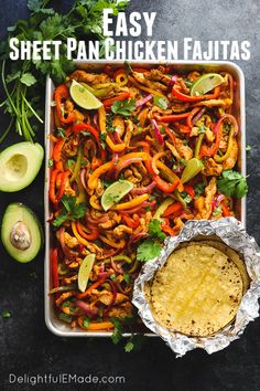 an easy sheet pan chicken fajitas recipe with avocado and cilantro