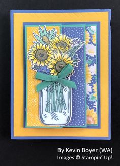 a handmade card with sunflowers in a mason jar on the front and bottom